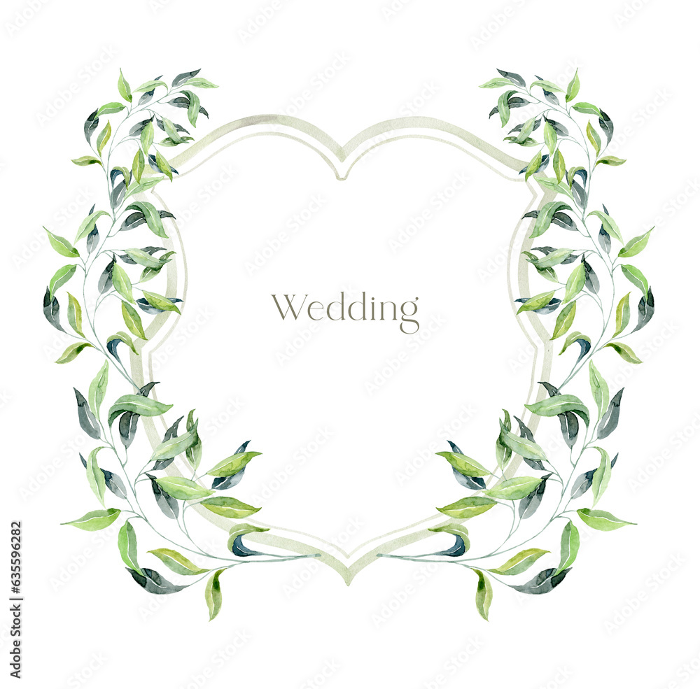Watercolor Crest with green Leaves on the white Background. Wedding Design.