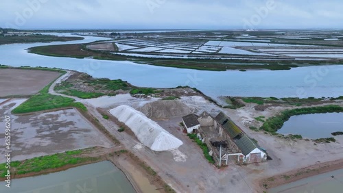 Landscape of salt pans and marsh in Tavira in the district of Faro. Aerial view from a drone. Marshes and salt flats of the Ria Formosa Natural Park. Atlantic Ocean. Algarve. Portugal. Europe