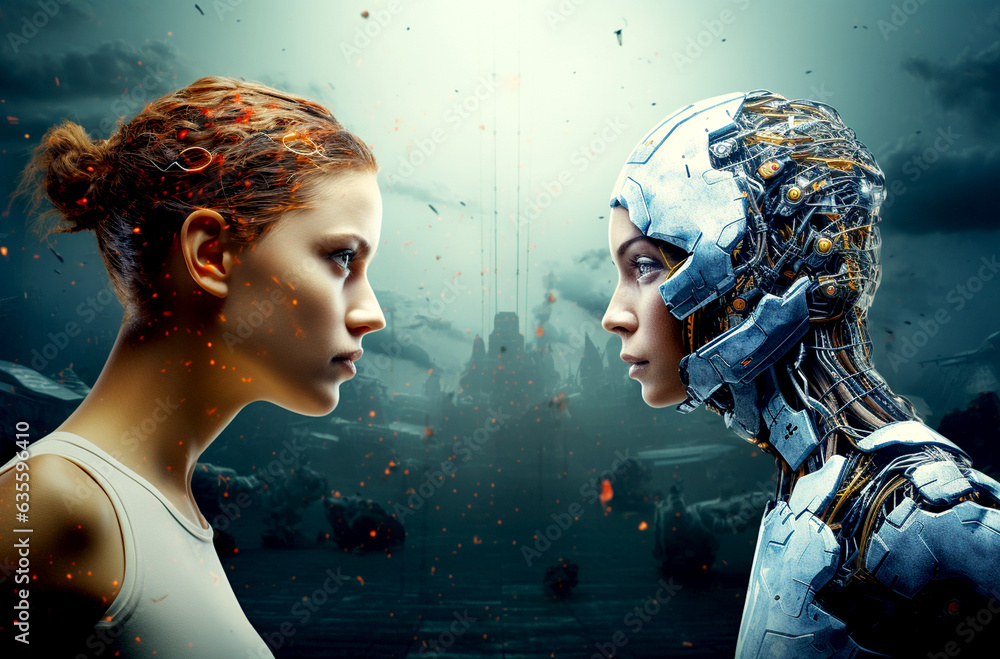 A woman and an Ai robot come face to face,  human vs Ai - obrazy, fototapety, plakaty 