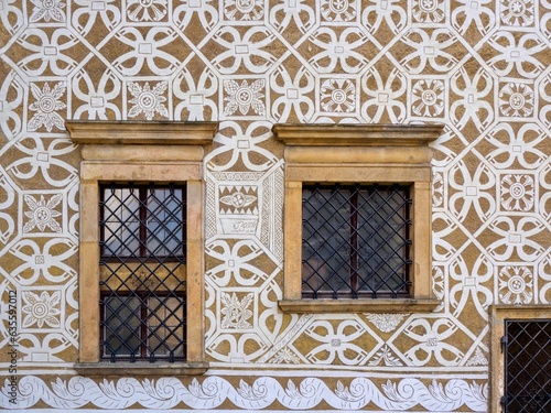 Hunting Renaissance castle Doudleby nad Orlici, a popular destination for tourists. Detail of sgraffito decoration with windows