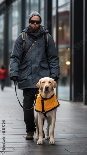 Guide dog assisting a blind person. Generative AI