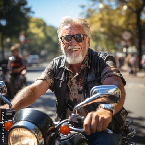 Elderly man on motorcycle. Generative AI © ColdFire