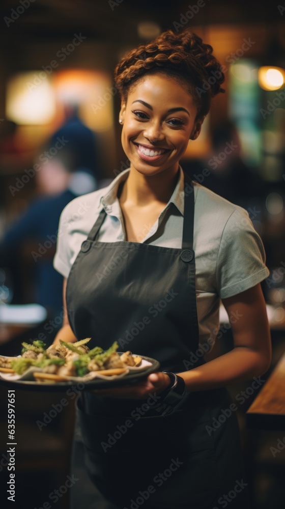 Smiling restaurant waiter with food tray. Generative AI Smiling restaurant waiter with food tray. Generative AI