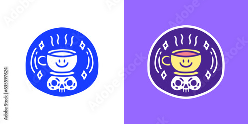 Cute cup of coffee and skull head emblem, illustration for logo, t-shirt, sticker, or apparel merchandise. With doodle, retro, groovy, and cartoon style.