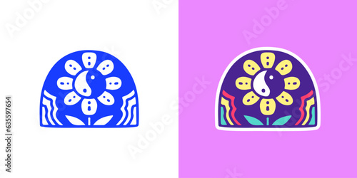 Yin yang sunflower and rainbow, illustration for logo, t-shirt, sticker, or apparel merchandise. With doodle, retro, groovy, and cartoon style.