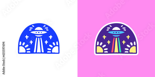 Spaceship, rainbow, and sunflower, illustration for logo, t-shirt, sticker, or apparel merchandise. With doodle, retro, groovy, and cartoon style.