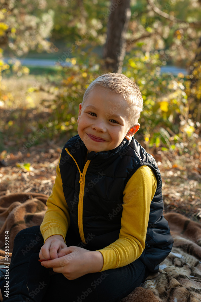 Portrait of a cute boy in the autumn forest. the boy looks at the camera and smiles happily. Boy dressed in a yellow sweater and a black vest Portrait of a cute boy in the autumn forest. the boy looks at the camera and smiles happily. Boy dressed in a yellow sweater and a black vest