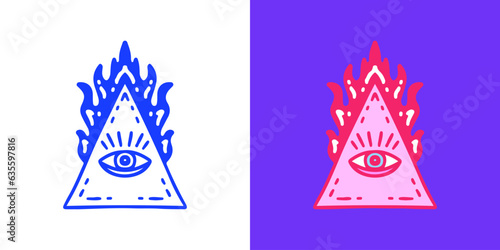 Burning pyramid with one eye symbol, illustration for logo, t-shirt, sticker, or apparel merchandise. With doodle, retro, groovy, and cartoon style.