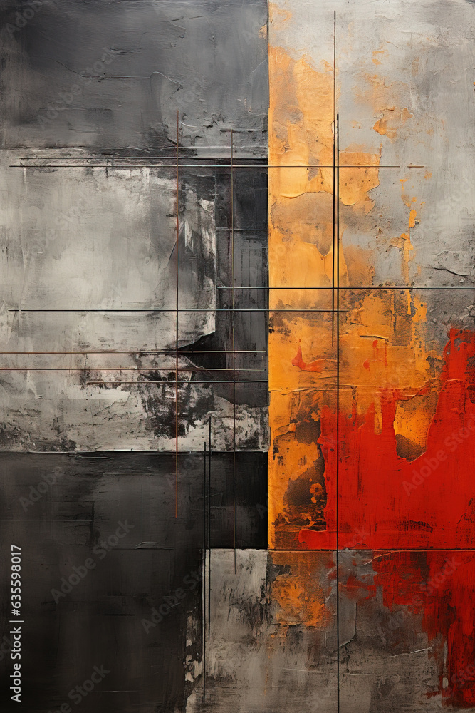 A Painting of Dark grey and orange abstract painting with a Lines faded Wall Art