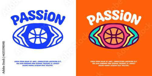 Basketball emblem with passion typography, illustration for logo, t-shirt, sticker, or apparel merchandise. With doodle, retro, groovy, and cartoon style.