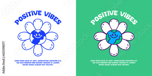 Cute earth sunflower with positive vibes text, illustration for logo, t-shirt, sticker, or apparel merchandise. With doodle, retro, groovy, and cartoon style.