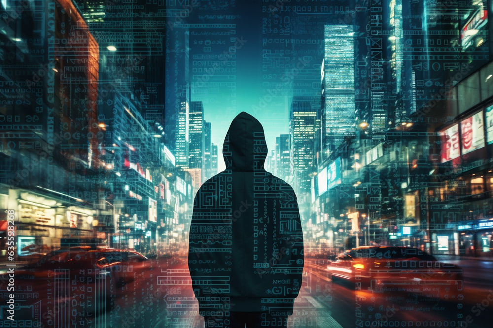 Double exposure image of an anonymous hacker in a hoodie in the night in the city of data. High quality photo Double exposure image of an anonymous hacker in a hoodie in the night in the city of data. High quality photo