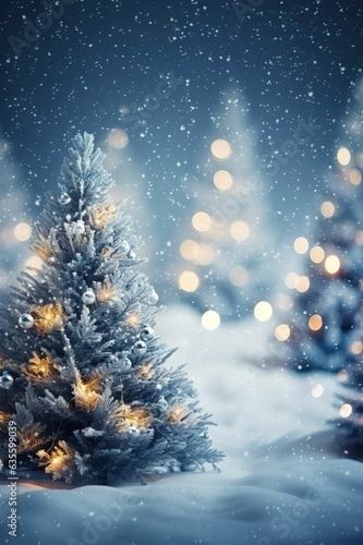 Christmas winter blurred background (vertical image). Christmas tree with snow decorated with garland lights, festive background. Vertical screen background. New year winter art design, widescreen hol © Peng