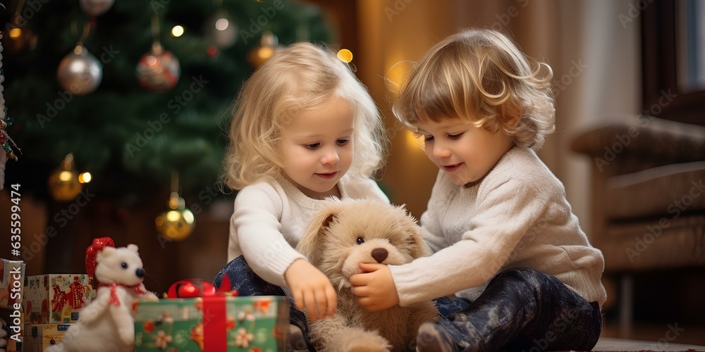 Children play with toys on Christmas Eve and New Year's Eve on the background of a decorated Christmas tree. Children play with toys on Christmas Eve and New Year's Eve on the background of a decorated Christmas tree.
