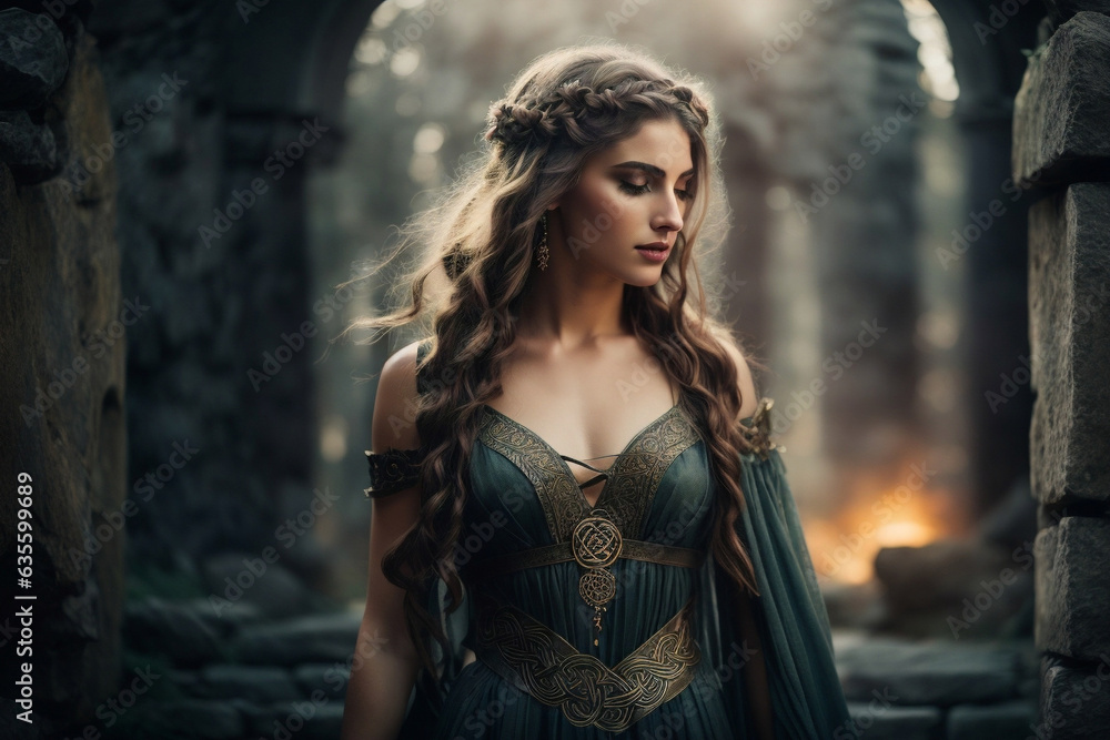 Poster Design of celtic warrior woman with Flowing Dress with Celtic Knot and Jewelry, Stone Ruins in thew background. Image created using artificial intelligence. Poster Design of celtic warrior woman with Flowing Dress with Celtic Knot and Jewelry, Stone Ruins in thew background. Image created using artificial intelligence.