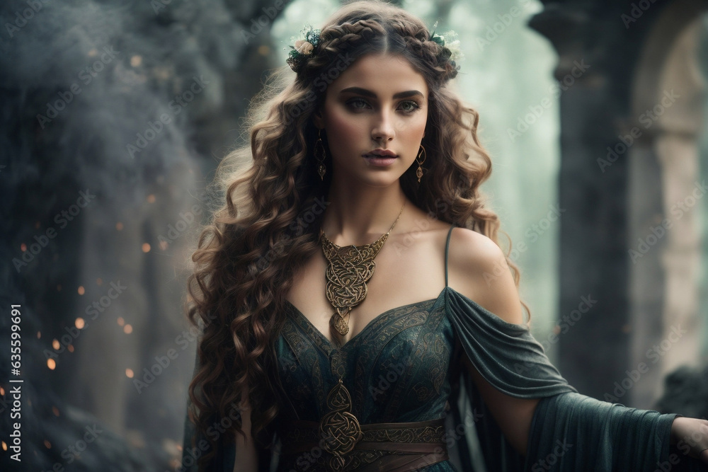 Fototapeta premium Poster Design of celtic warrior woman with Flowing Dress with Celtic Knot and Jewelry, Stone Ruins in thew background. Image created using artificial intelligence.