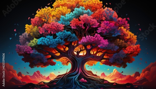 Vibrant Color Gradients Highly Realistic 4px Color Tree & Leaves - Psychedelic Realism in Fantasy Art. AI Generate