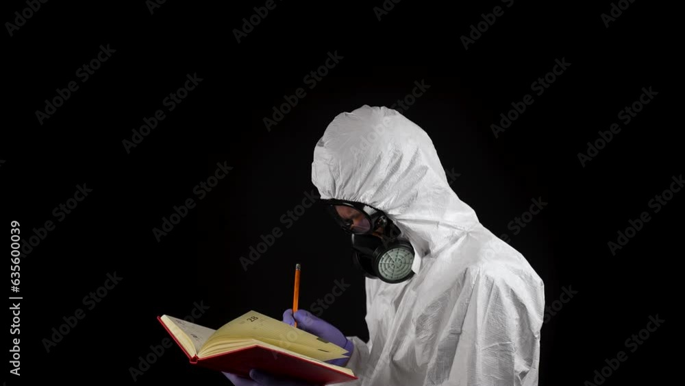 Laboratory worker in a chemical protection suit writes in a notebook with a pencil Laboratory worker in a chemical protection suit writes in a notebook with a pencil
