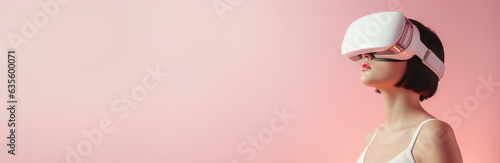 Woman with virtual reality headset isolated on pink background. VR, future, gadgets, technology concept. Banner with copy space