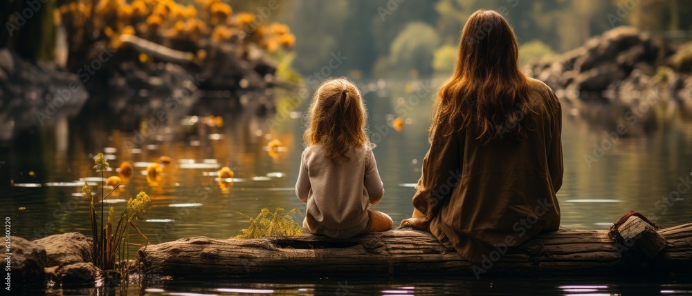 Mother and daughter are talking by the lake. Generative AI