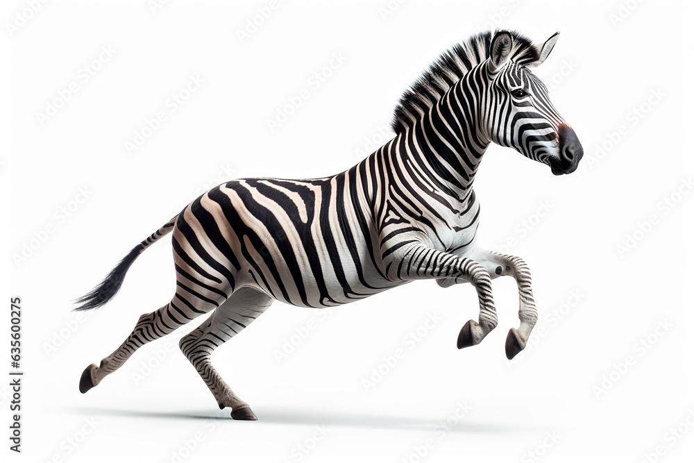 Fototapeta premium Zebra isolated on a white background jumping. Animal side view portrait.