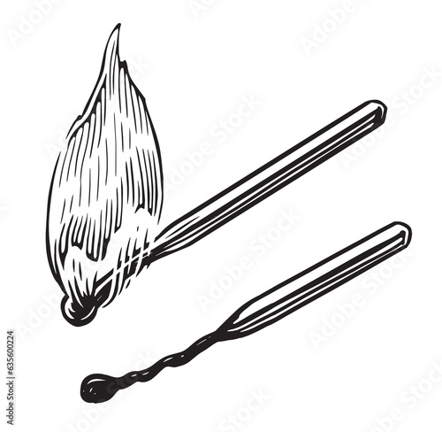 Burning wooden matchstick with flame. Match with fire sketch. Vintage vector illustration