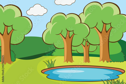 Free vector nature forest landscape at daytime scene with river flowing through the forest