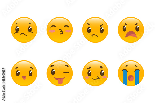 Emoticon faces in different mood vector illustrations set. Happy, sad, angry, shy character icons smiling, crying, kissing or blushing on white background. Emotion, social media concept