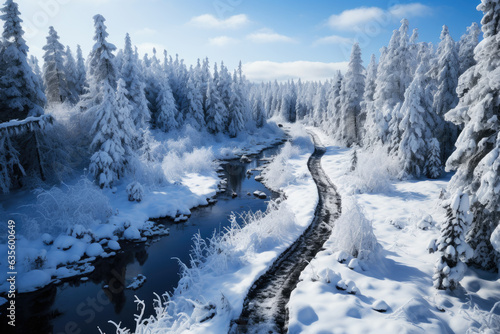 Freezing river in a snowy winter forest, snow and ice in nature, beautiful winter landscape