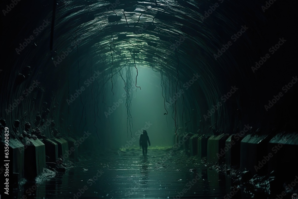 Obraz premium Drowning in a dark, abandoned underwater tunnel.
