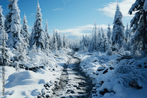 Freezing road in a snowy winter forest, snow and ice in nature, beautiful winter landscape