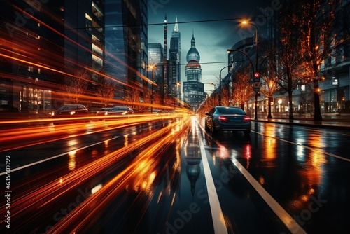 Long exposure dynamic speed light trails urbanistic background. Ai generative
