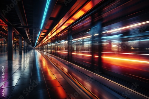 Futuristic High Speed Light Tail, Underground Subway in Motion. City Nightlife Background.