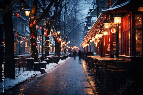 Night city winter snowy street decorated with luminous garlands and lanterns for christmas  urban preparations for new year
