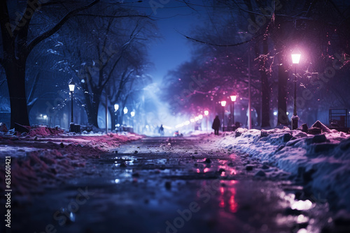 Snow covered night city street with illumination