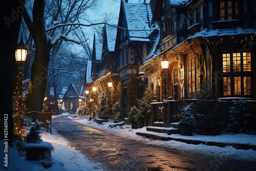 Snow covered street in the suburbs in winter on New Year s Eve