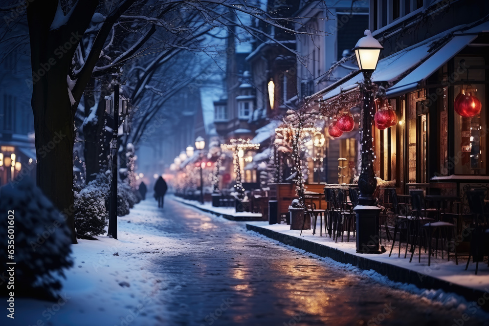 Fototapeta premium Night city winter snowy street decorated with luminous garlands and lanterns for christmas, urban preparations for new year