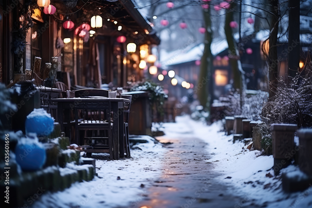 Snow covered street in the suburbs in winter on New Year's Eve