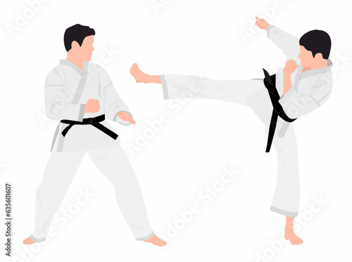 Two or pair of karate player in fighting pose. Two young athletes of the karate player using martial art skill to participate in competition. Karate player in action. Combat and self defense skill. 