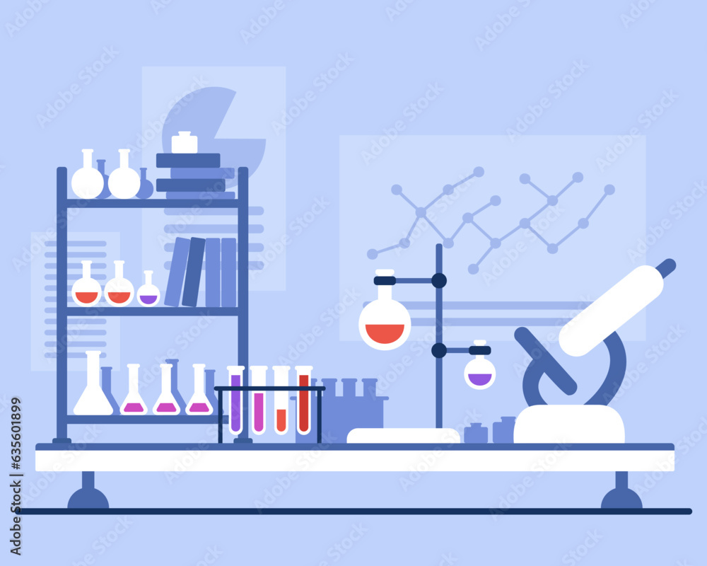 Laboratory equipment for medical research vector illustration. Test tubes, beakers, bottles with colorful liquid and microscope ready for experiment. Lab testing, science, health care concept
