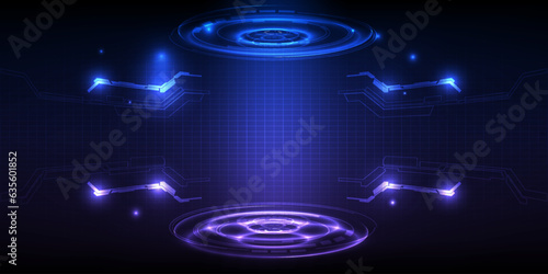 Vector illustrations of futuristic stage platform with digital element around.Digital technology artwork.