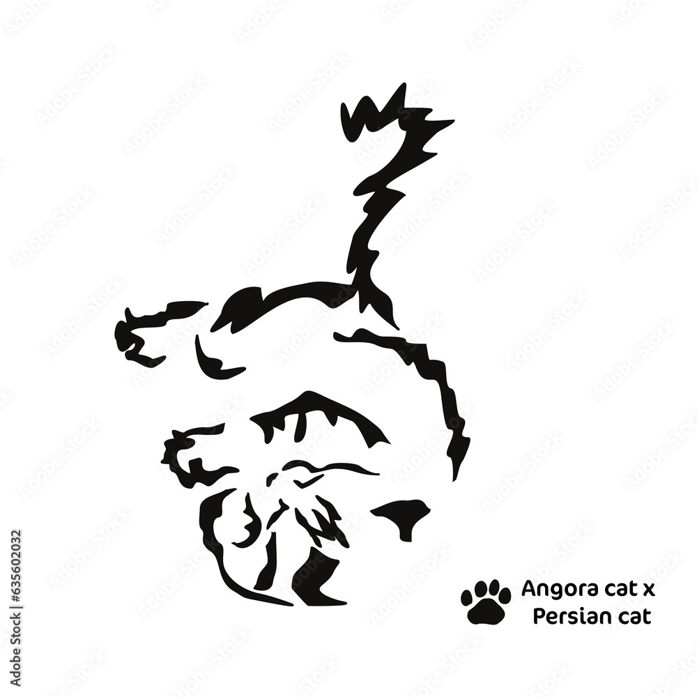 Vector drawing of a stylized cat with long hair. Mix of Angora cat with Persian cat. Animal gestalt design. Vector drawing of a stylized cat with long hair. Mix of Angora cat with Persian cat. Animal gestalt design.
