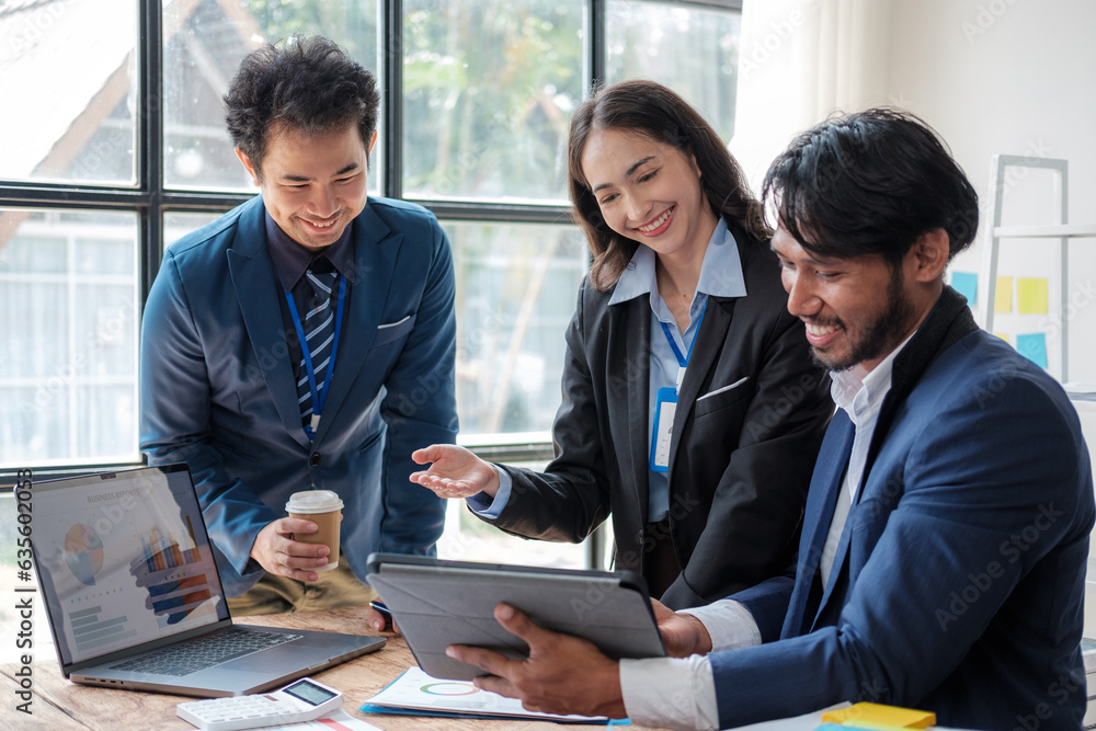 Colleagues meeting discuss business project planning, marketing strategies, and financial report analysis for business investment planning. Colleagues meeting discuss business project planning, marketing strategies, and financial report analysis for business investment planning.