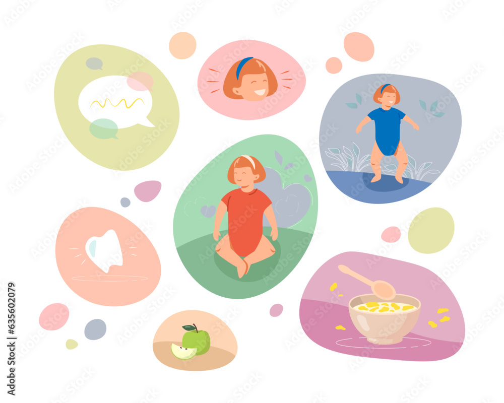 Milestones of baby growth and development vector illustration. Little girl walking first steps, talking, eating cereals, having first tooth. Growth stages, children concept
