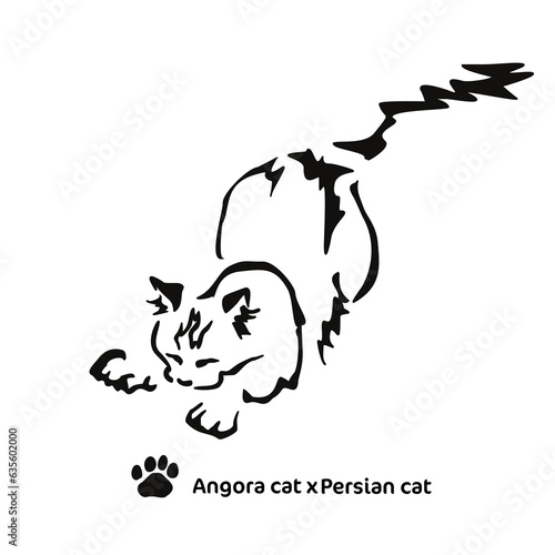 Vector drawing of a stylized cat with long hair. Mix of Angora cat with Persian cat. Animal gestalt design.
