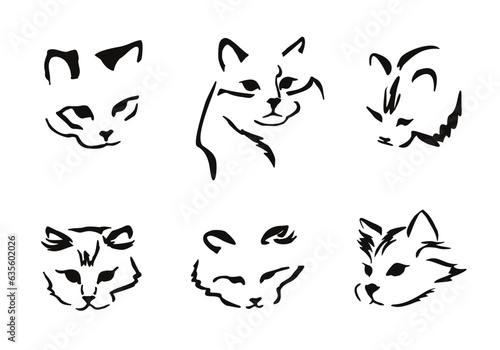 Vector drawing of a stylized cat with long hair. Mix of Angora cat with Persian cat. Animal gestalt design. Image set