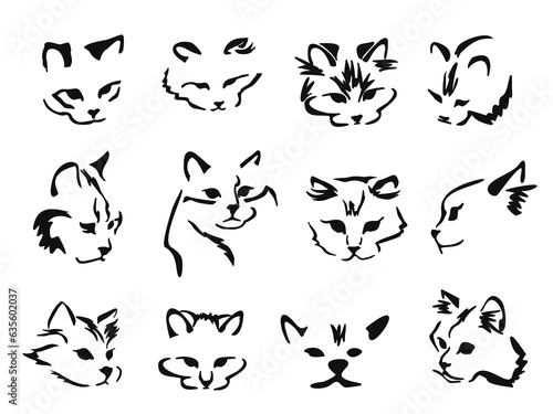 Vector drawing of a stylized cat with long hair. Mix of Angora cat with Persian cat. Animal gestalt design. Image set