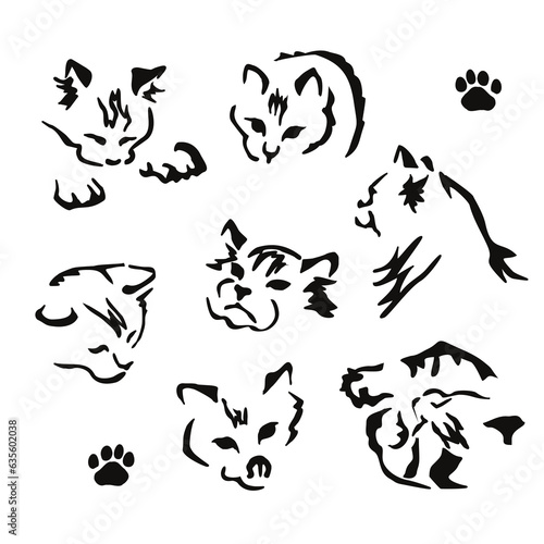 Vector drawing of a stylized cat with long hair. Mix of Angora cat with Persian cat. Animal gestalt design. Image set
