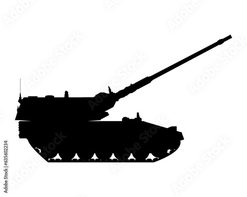 Self-propelled howitzer silhouette. Raised barrel. Military armored vehicle. Vector illustration isolated on white background.