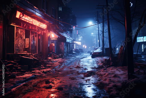 Dirty slum in a poor area of the city, snow covered street in the suburbs in winter on New Year's Eve photo